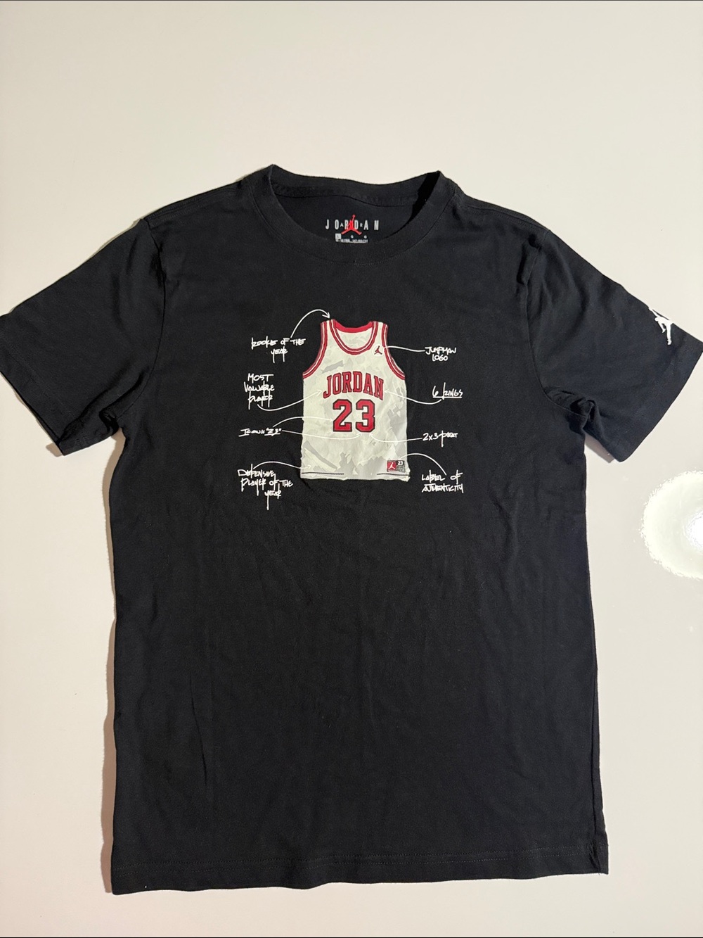 Jordan Boys Black Short Sleeve Tee with Red and White Jersey Print Sz L 12-13YRS